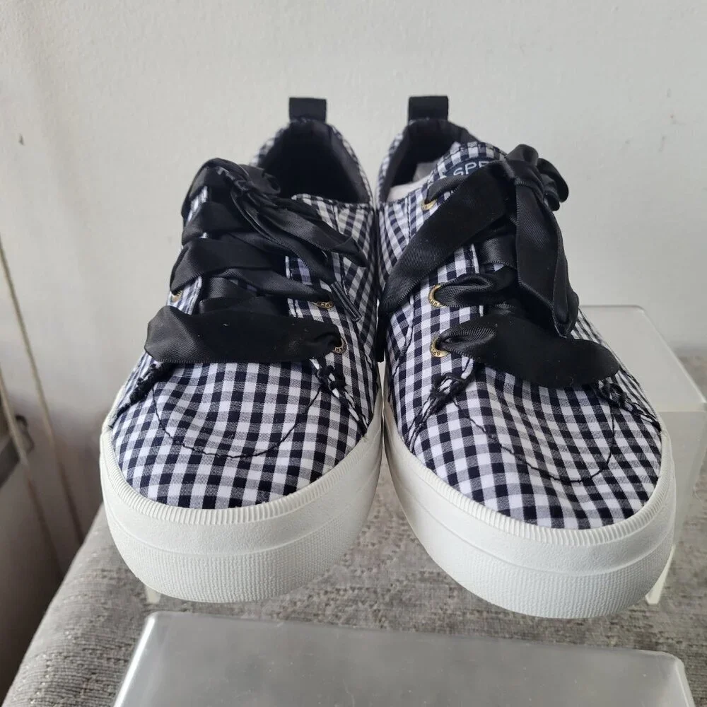 NWT - Sperry Top Sider Tennis Shoes Black/White Gingham Satin Laces (Size: 6.5)